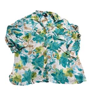 Karen Scott Petite XL Blue,Green,White Floral Blouse  Button Up Shirt 3/4 Sleeve